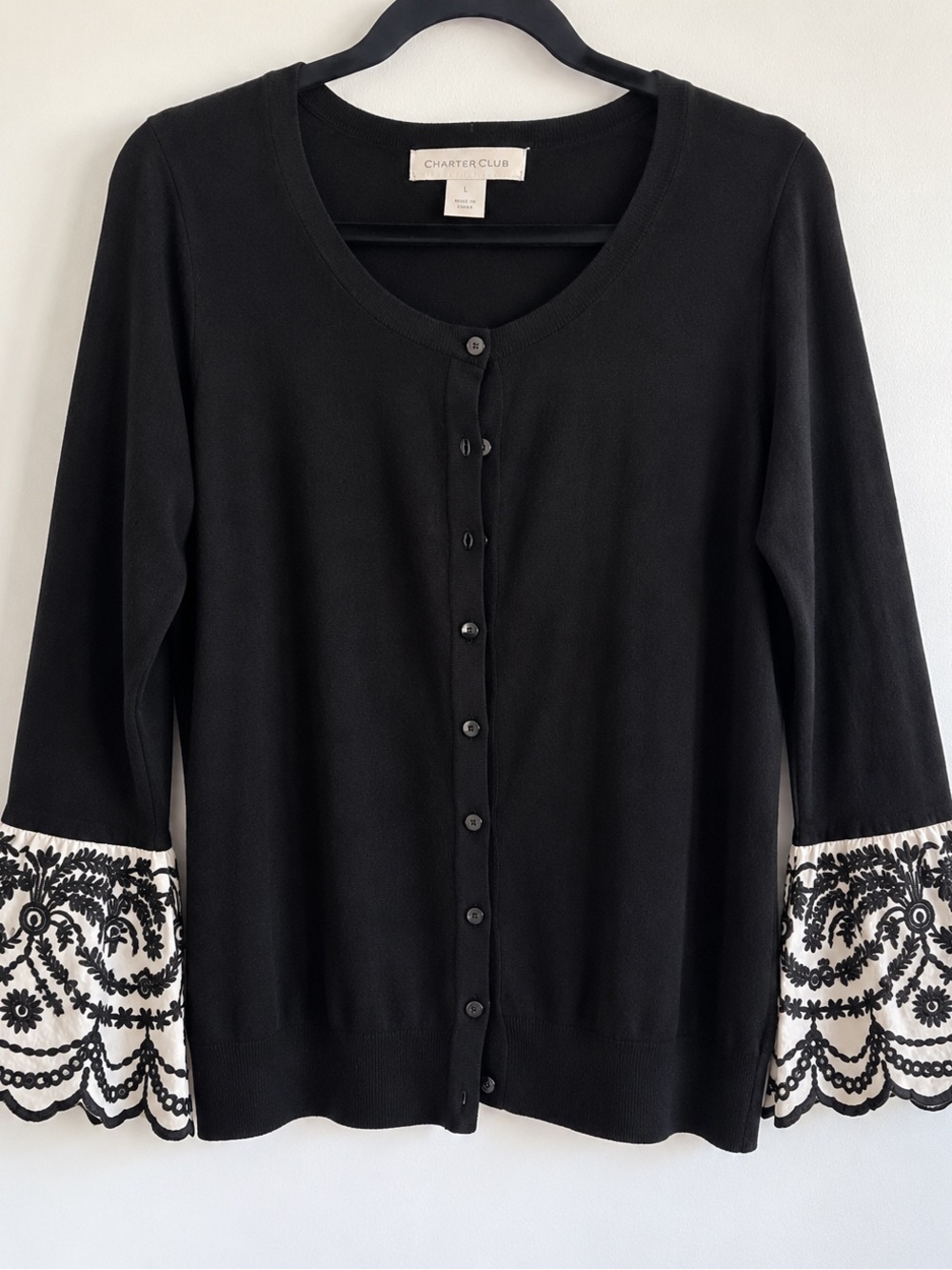 Charter Club Black Cardigan with Cream & Black Embroidered Bell Cuffs